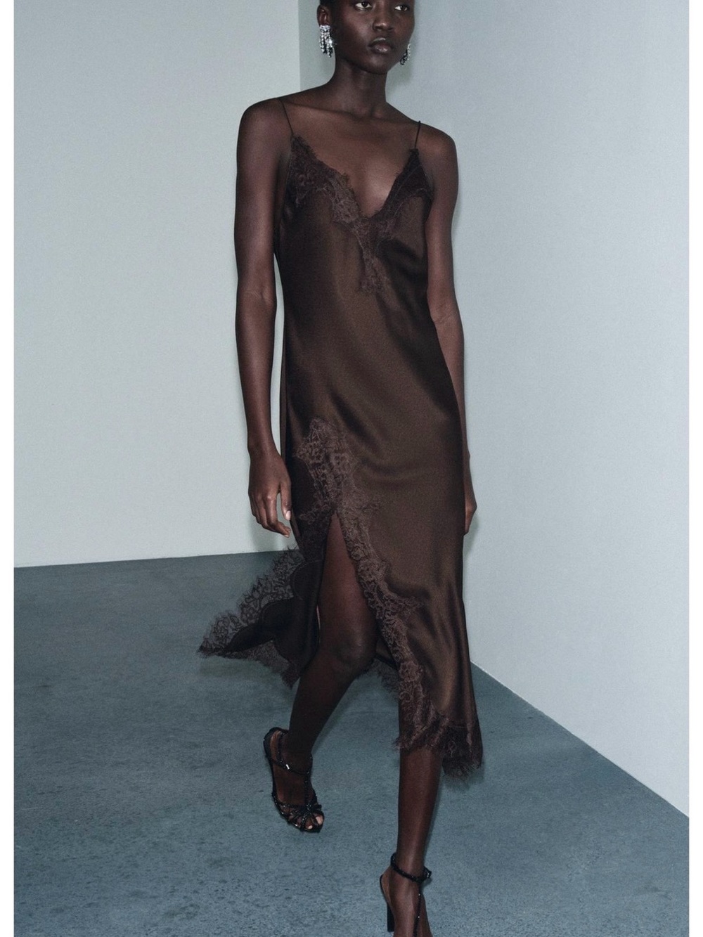 Zara Woman Collection - Brown Satin Lace-Trim Midi Slip Dress